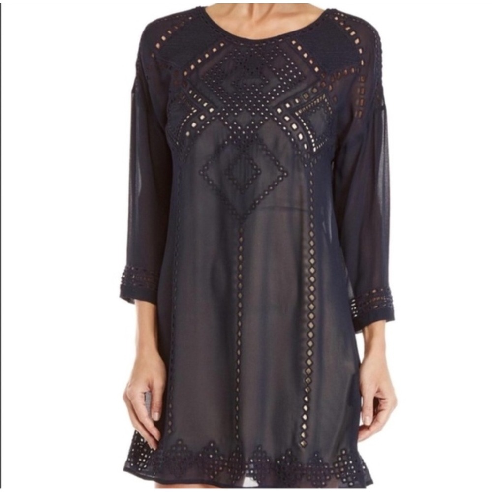 Club Monaco Women Small Silk Navy Naoise Embroidered Dress Eyelet Quiet Luxury